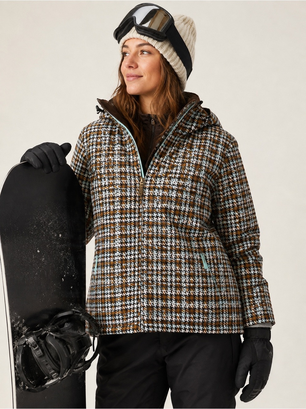 Burton Womens Vintage Houndstooth Plaid Snowboard Ski Jacket Blue Brown Medium